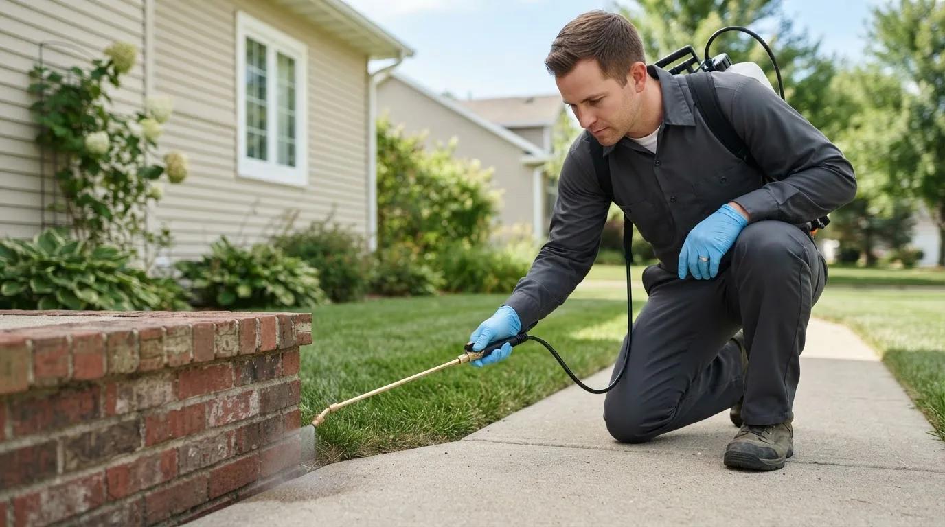 Pest control technician treating a home near East Stone Gap, VA